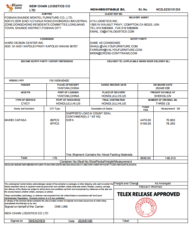 Image of the containders loaded for the fraud Valyou Furniture